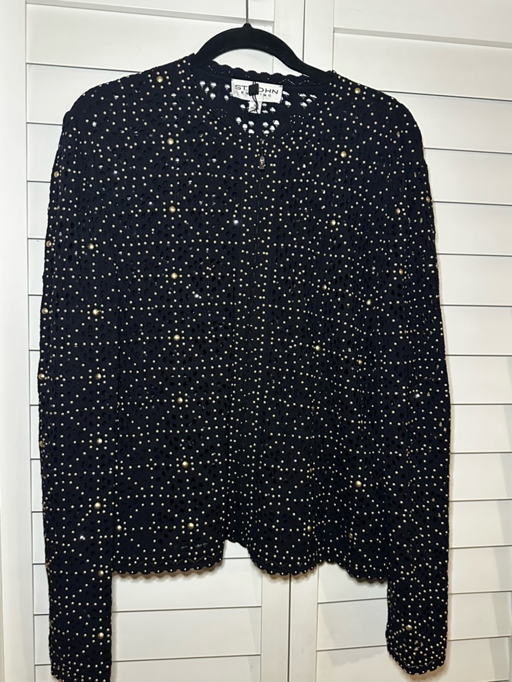 St. John Black Knit Zip Jacket with Gold Stud Detailing NWT stunning mesh
